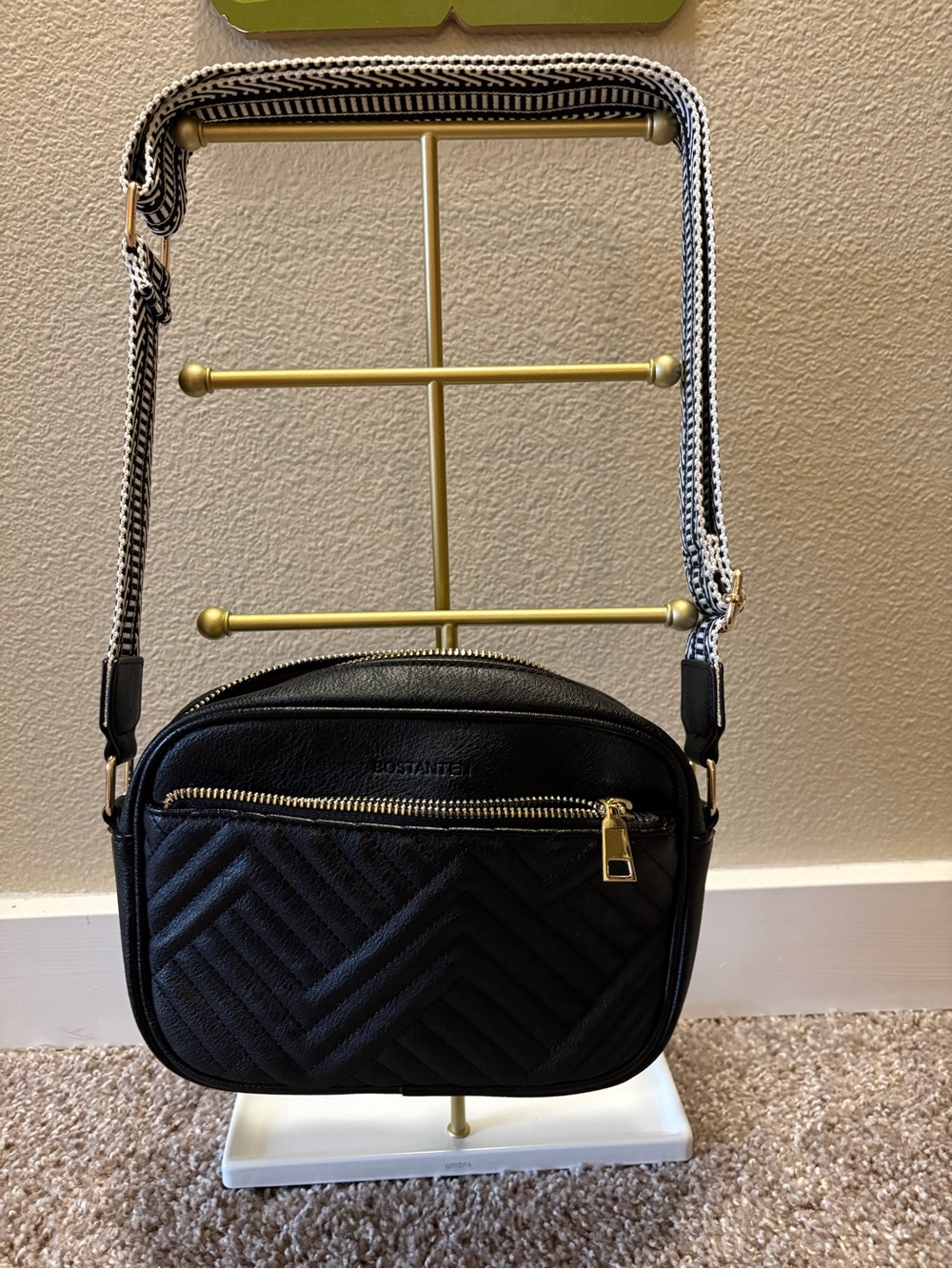 Black Quilted Crossbody Bag with Gold Hardware